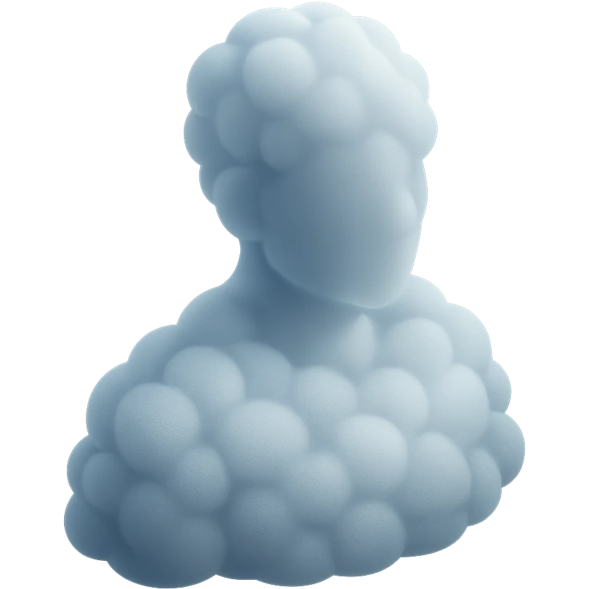 a person turned exactly, fully composed of white fluffy convex clouds up to the shoulders, matte glass style emoji