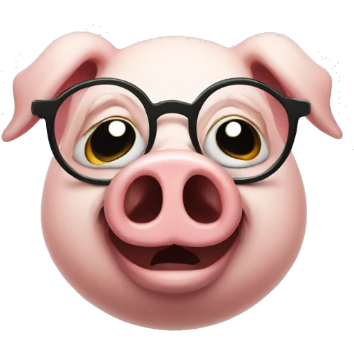an evil pig wearing round glasses, smirk, evil smile  emoji