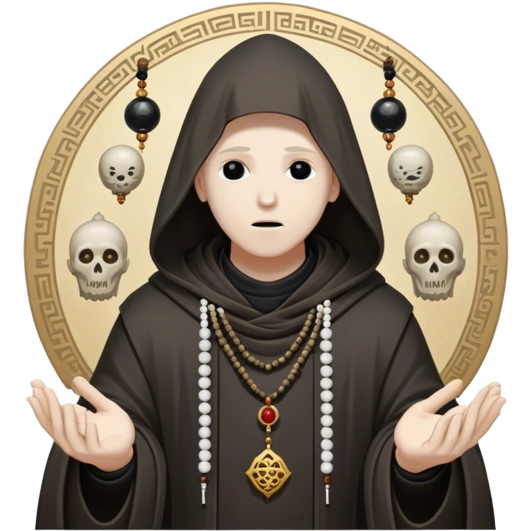 Abyssal Horror Monk – A hooded figure with a void where its face should be, surrounded by floating stone prayer beads etched with forbidden symbols emoji