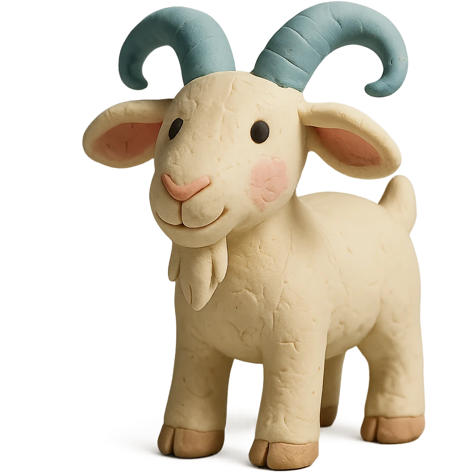 playful goat with curved horns, soft pastel colors, hand-molded details, claymation style emoji
