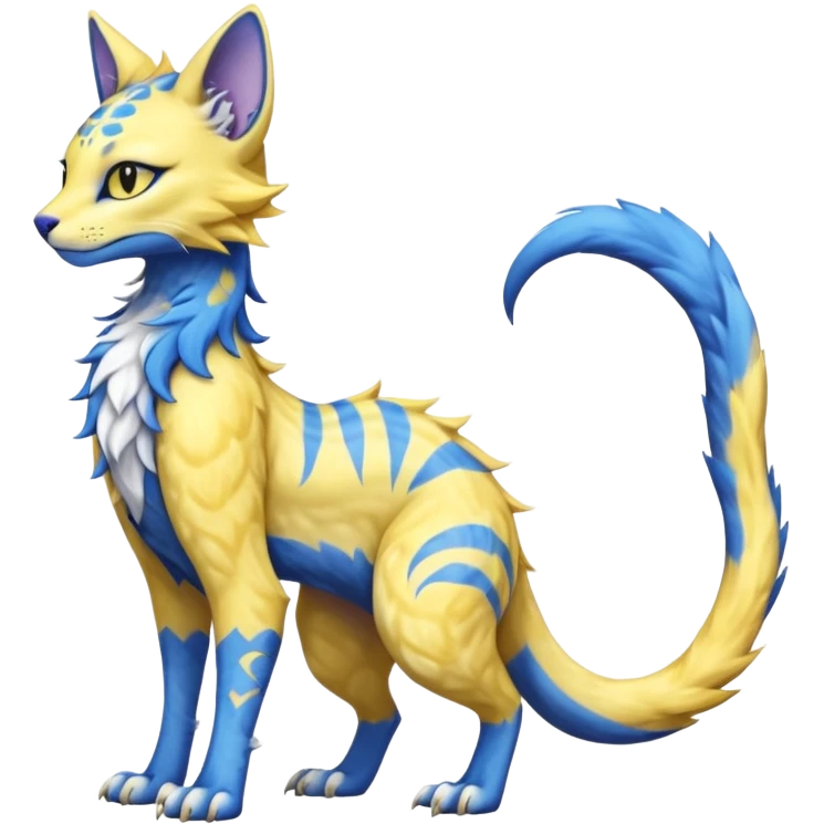 Kawaii yellow and blue beautiful pretty elegant divine edgy fantasy feline-vernid-sergal-fursona animal creature with a tufted tail full body with intricate markings  emoji