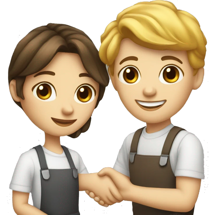 an adult restaurant owner and a young blogger shaking hands, both with fair skin, in great detail emoji