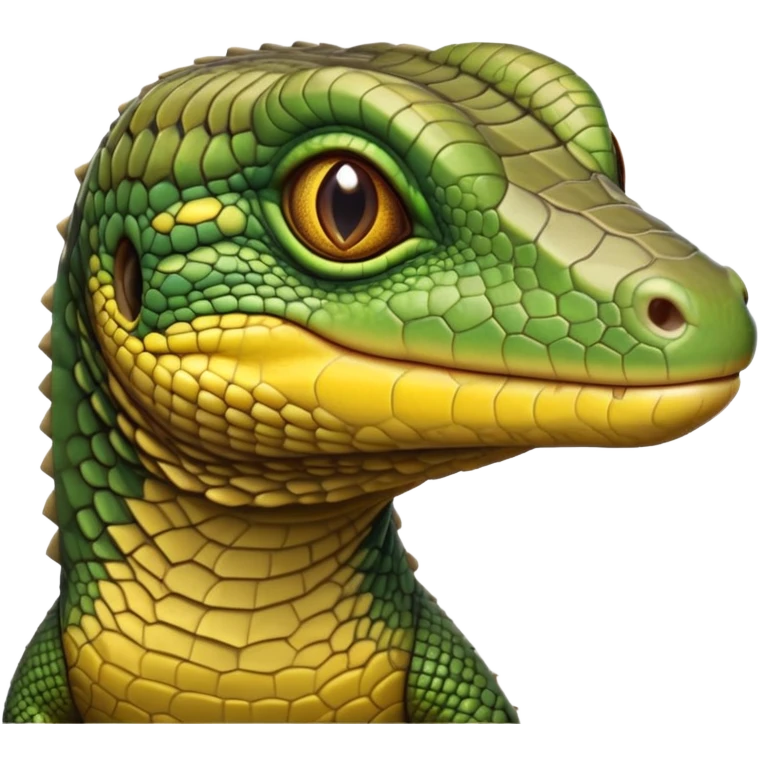 cinematic-realistic-cute-monitor-lizard-portrait-emoji,-head-tilted-playfully-and-inquisitively,-featuring-a-compact,-agile-body-with-finely-detailed,-glossy-scales-in-earthy-olive-hues-and-a-distinct,-alert-face-with-bright,-curious-eyes, yellow and green multi coloured  scales emoji