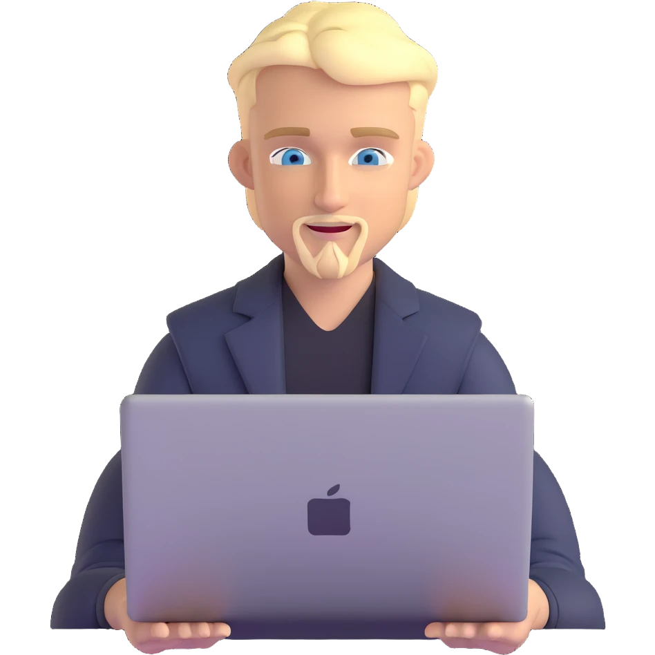 young blond male with blue eyes, modern forward-styled hair and fringe, sly proud smile, thin blonde mustache and sharp goatee, working on MacBook, clean and stylish, tech website vibe emoji