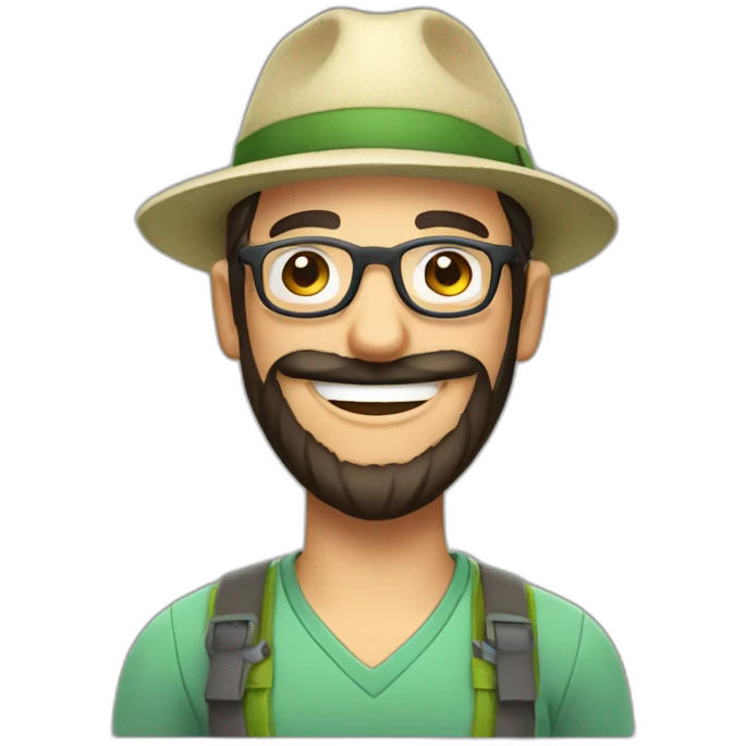 happy gardener man short dark hair beard round glasses with hat emoji