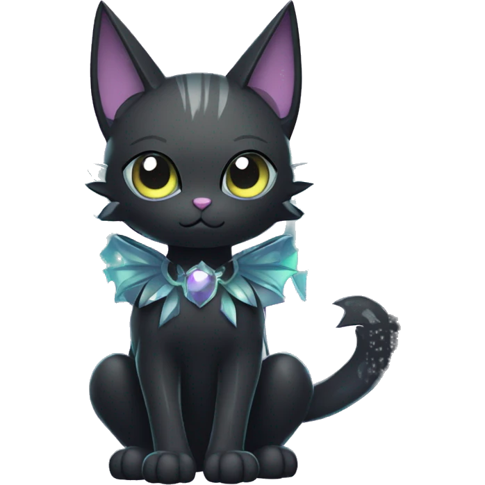 Shiny Cool Punk Black beautiful fantasy Kawaii Ethereal Sona Fakemon-cat-animal with edgy bat-wings-ears Full Body emoji