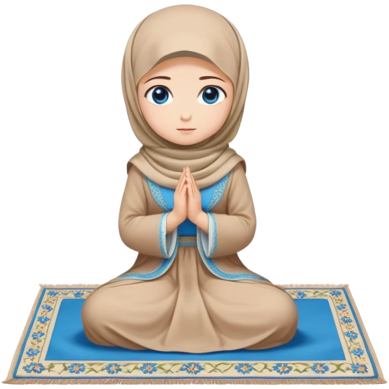 Turkish beautiful finish Konya girl blue eyes with beige flower hijab long tail dress and sits on the pray mat on the ground and pray dua  emoji