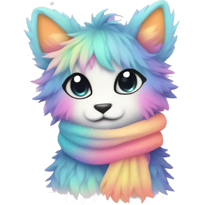 Edgy Kawaii cute gorgeous colorful sparkly bright light pastel gradient fantasy ethereal fluffy fursona animal creature with a cute scarf full body emoji