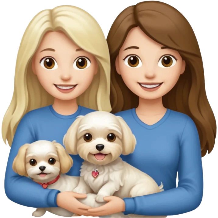 two women holding one Maltese dog one is brunette the other is blonde long haired  emoji