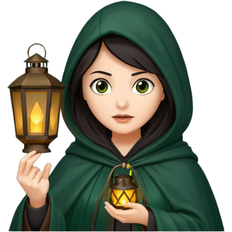 traitor tv show, dark haired woman wearing dark green cloak with hood up who looks very evil and is holding up a lantern emoji