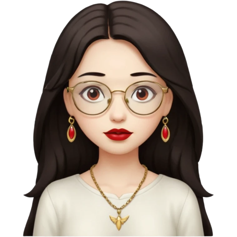 Angel girl with eyeglasses and long dark hair with red lipstick  and push gold necklaces and dark eyes emoji