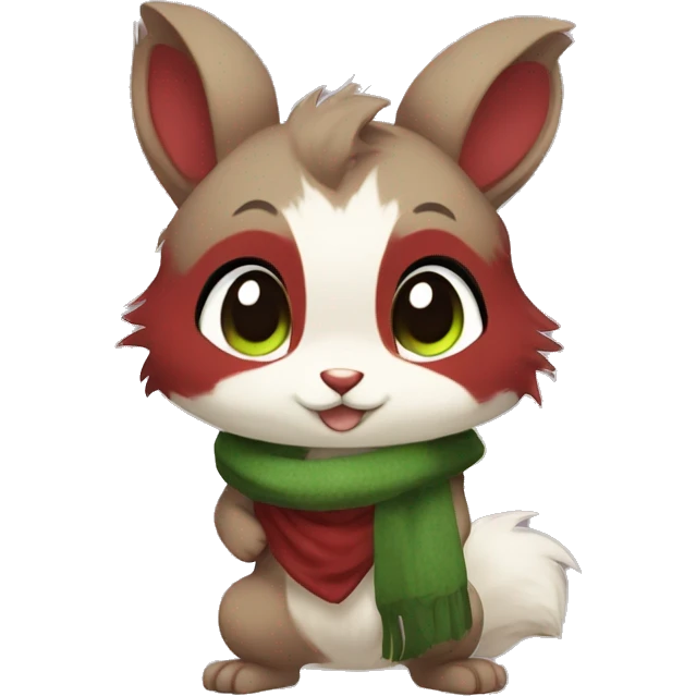 Cute, Chibi, chubby, fluffy, Kemono-style, Anthro, Fur-Sona, Dark-Red, Squirrel-Rabbit-hybrid-Fakémon, with a green scarf, full body emoji