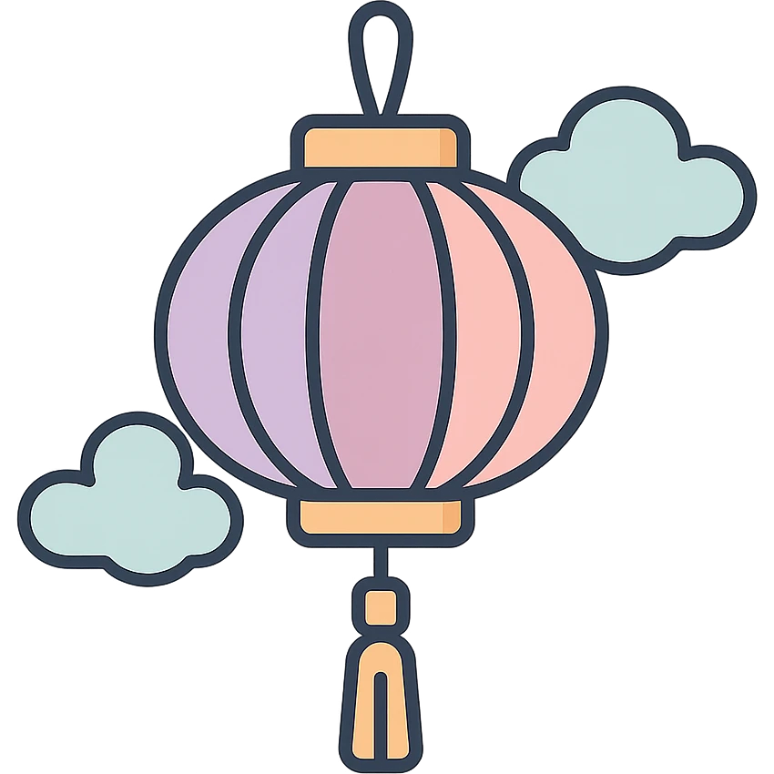 Chinese lantern with tassel and clouds, thin clean outlines, soft rounded shapes, pastel palette #98B5BC, #B5B3C1, #C9A3C9, #E4C0CA, #F7DCD1, #F7C0AA, modern Japanese pop art and sticker aesthetic, detailed shadows and highlights, soft lighting, transparent background emoji