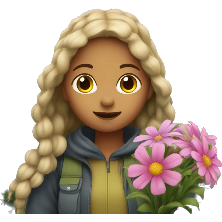 a girl in the mountains take flowers  emoji