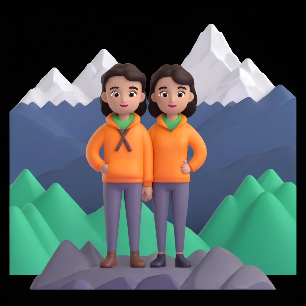 back packer couple posing, mountains in background,   close up pose emoji