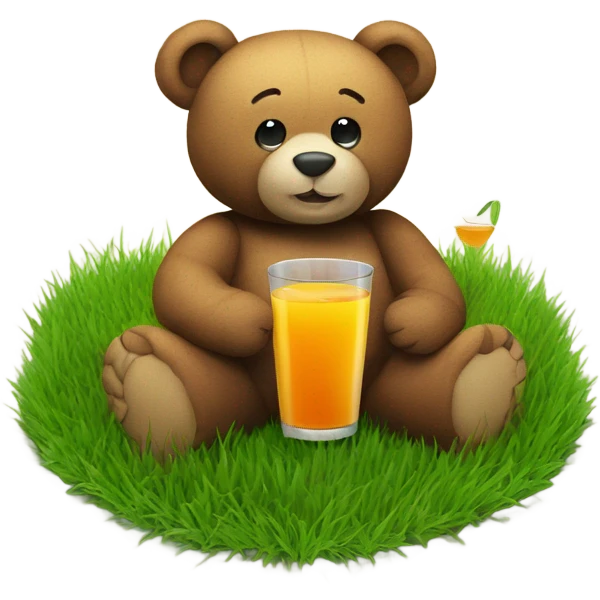 A Teddy bear holding a glass of juice sitting on a patch of grass emoji