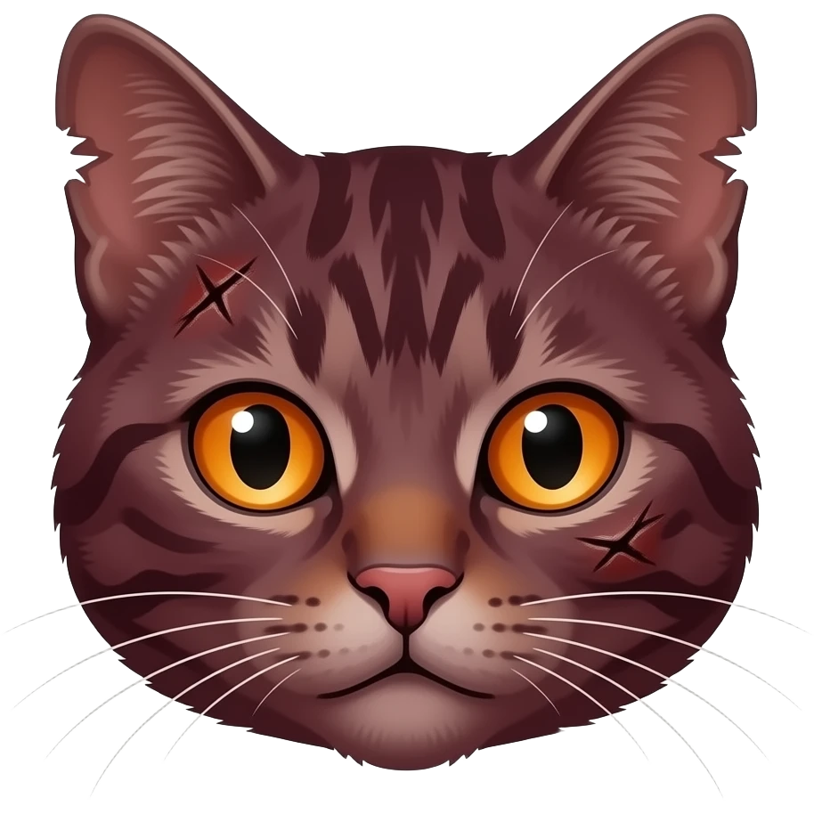 A very darkredbrown tabby cat head with scars and bright orange eyes and a lot of scars and torn ears emoji