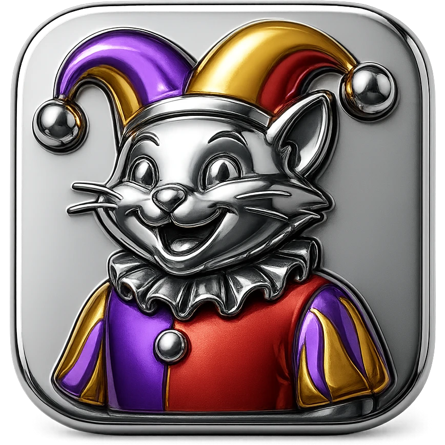 crazy colorful cute little cat jolly joker from poker, medieval, vintage, court jester, mac os icon, purple, gold and red color, half body. Squared shape as 3D mac os icon emoji