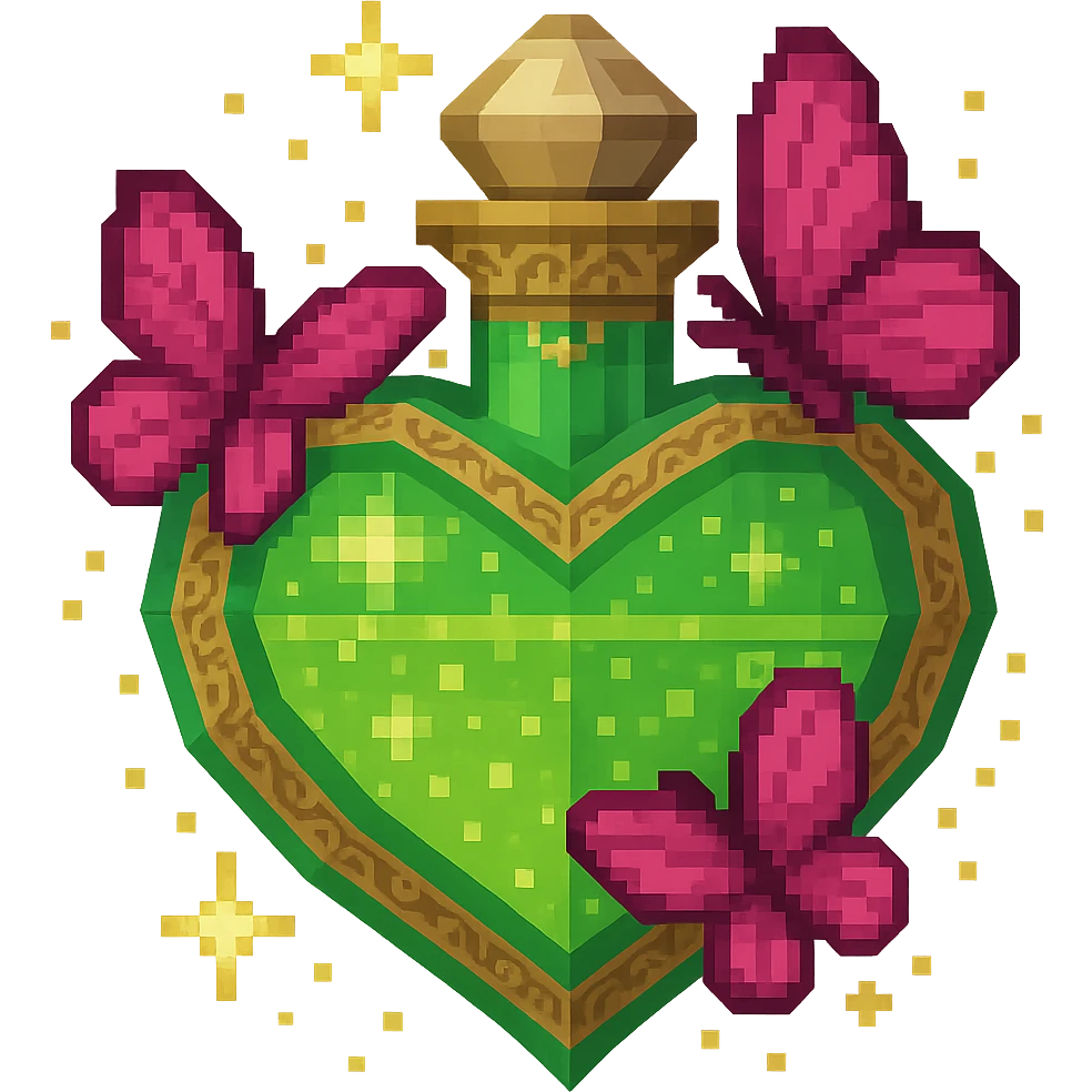 Keep the original bottle design: a sharp-pointed, heart-shaped crystal bottle with green glitter liquid inside (#c0ff53), pink butterflies, magical dust, and a crystal neck. Add only subtle, elegant golden filigree and decorative details around the edges and neck of the bottle, enhancing its luxurious look without changing the main color, shape, or 3D style. Maintain transparent background. emoji