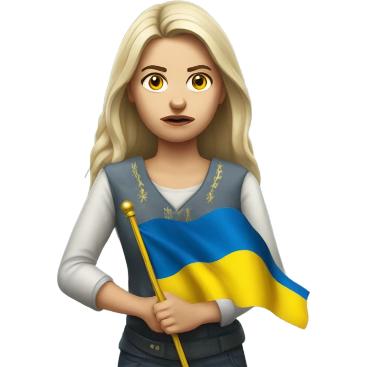 super-realistic angry female Ukrainian holds the ukranian flag emoji