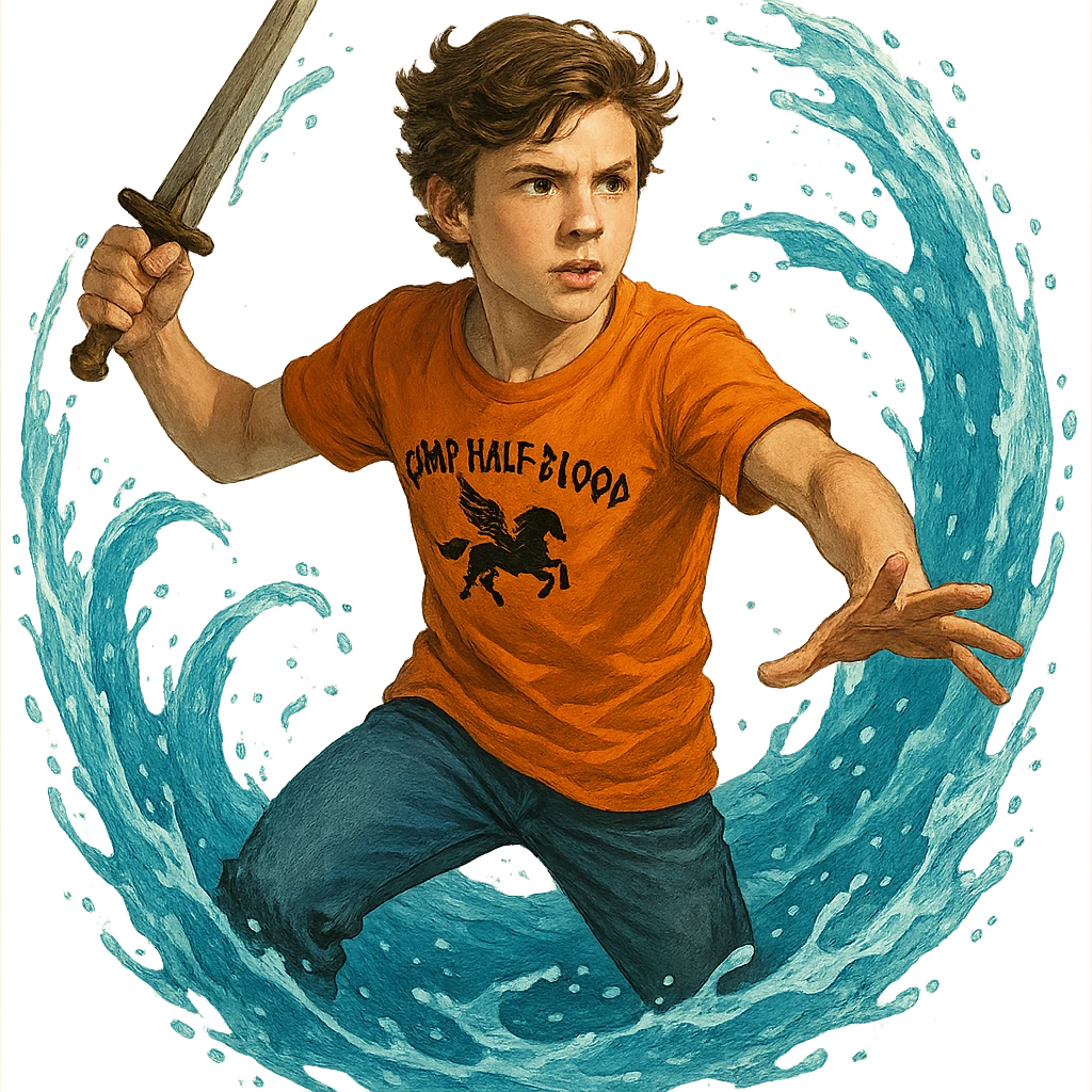 Walker Scobell as Percy Jackson, in action pose, water swirling around him, Camp Half-Blood t-shirt, short brown hair, heroic expression emoji