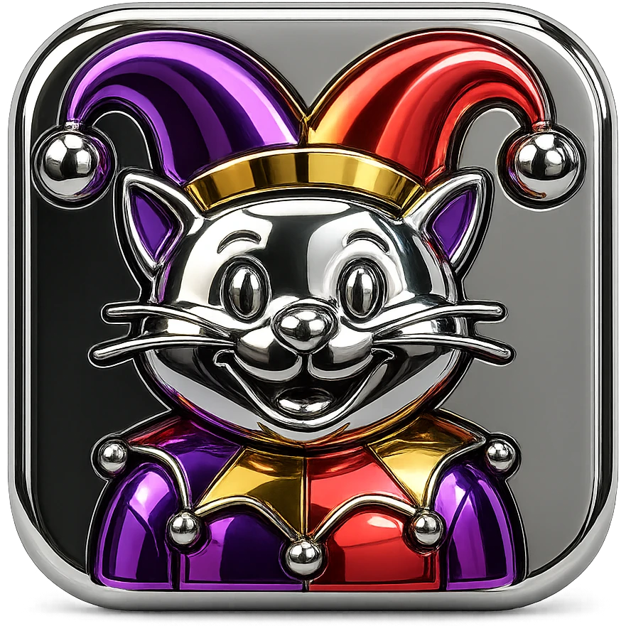 crazy colorful cute little cat jolly joker from poker, medieval, vintage, court jester, mac os icon, purple, gold and red color, half body. Squared shape as 3D mac os icon, symmetrical emoji