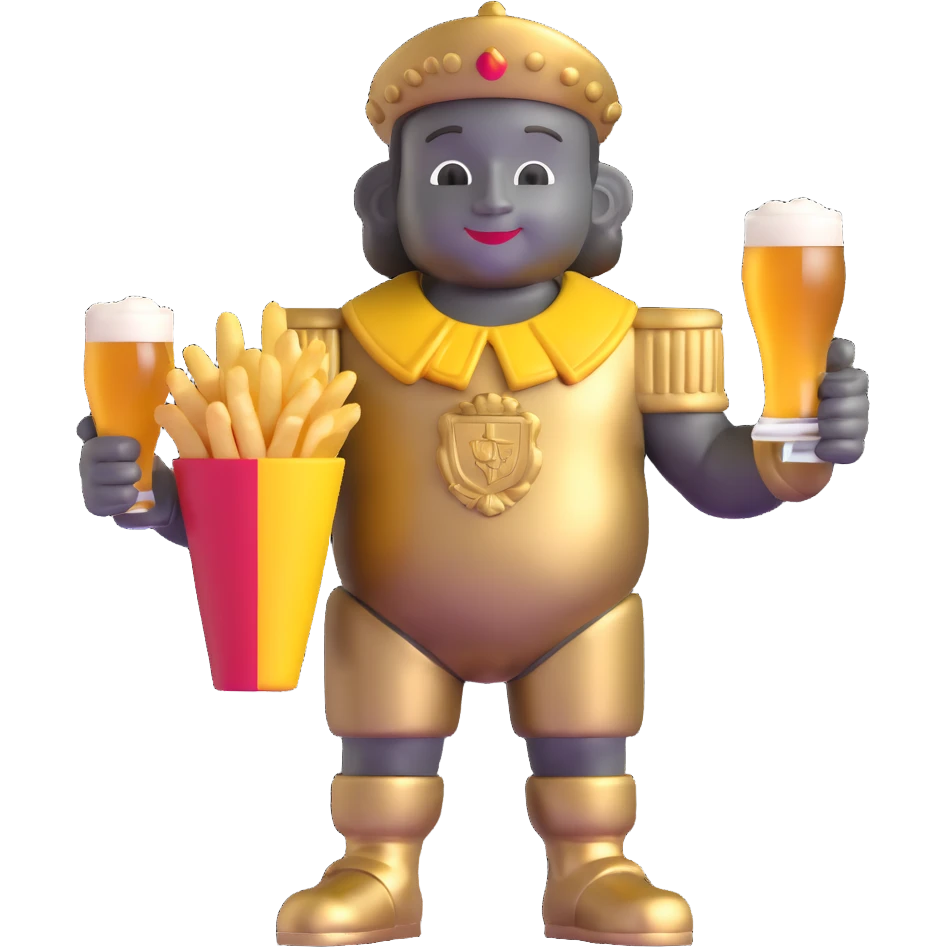 Classic Manneken Pis statue, holding Belgian beer and fries, metallic finish emoji
