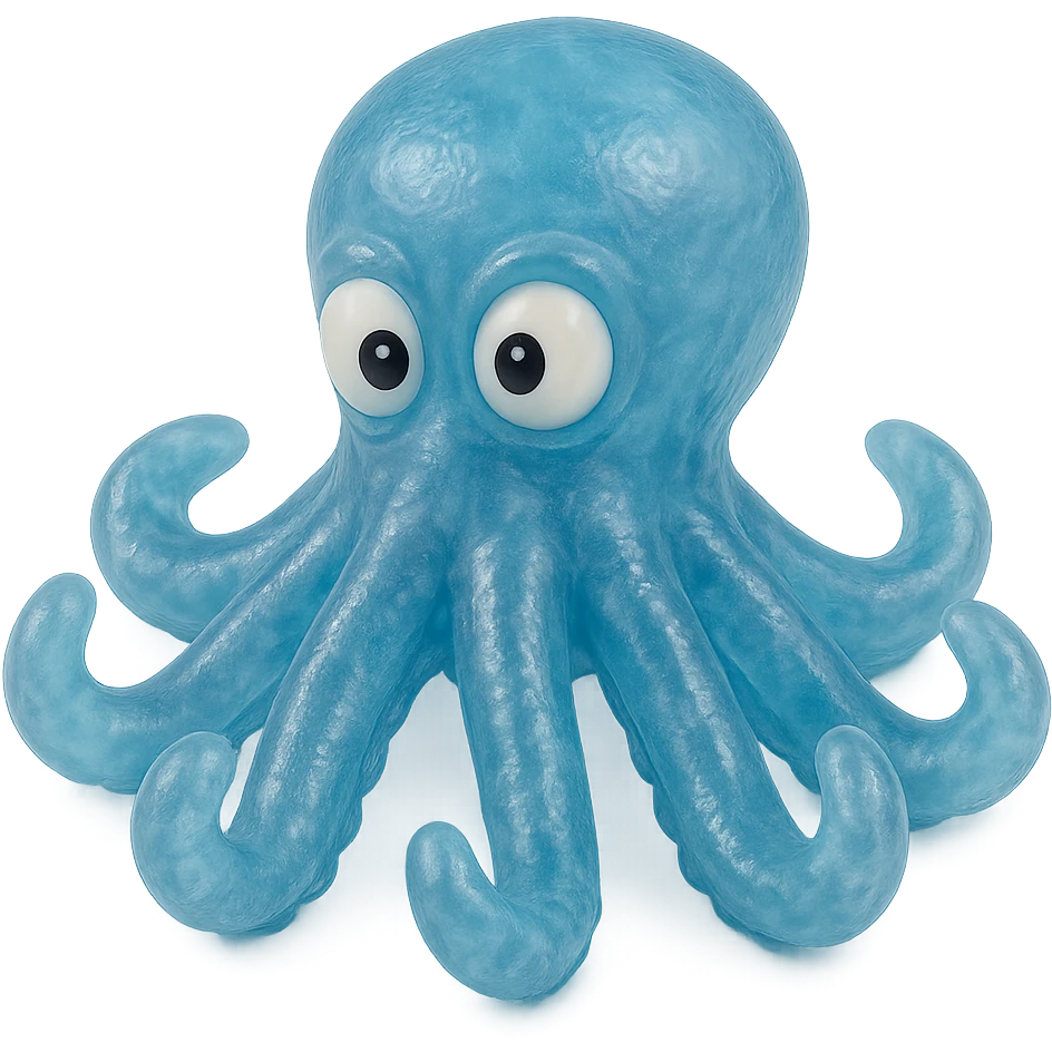 hyper-detailed retro 90's toy style see-through semi-transparent blue plastic octopus with derpy eyes soft plastic soft reflections soft and squishy some cloudiness not shiny highly detailed appealing no tag no background emoji
