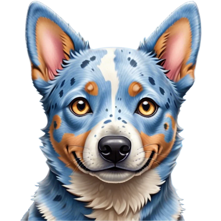 Cinematic Cute Blue Speckle Australian Cattle Dog Portrait Emoji, Head tilted playfully and inquisitively, featuring a vibrant blue speckle Fur with dynamic patterns, round, sparkling blue eyes filled with curiosity, Simplified yet irresistibly adorable features, highly detailed, glowing with a warm, friendly glow, high shine, affectionate and energetic, stylized with a touch of whimsy, bright and endearing, soft glowing outline, capturing the essence of a mischievous yet loving pup, so playful it feels like it could bound out of the screen and into your arms! emoji