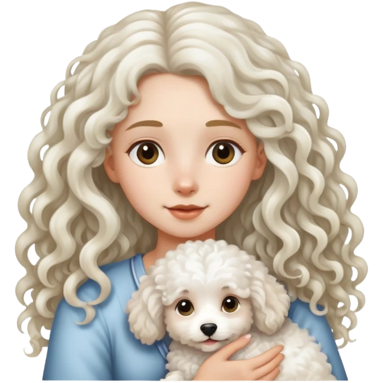 Long-haired girl holding a white curly haired dog emoji