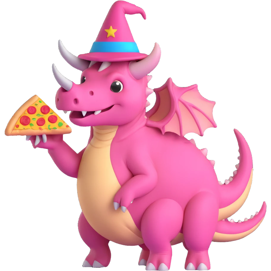 pink triceratops with a wizard hat holding a pepperoni sausage pizza slice emoji