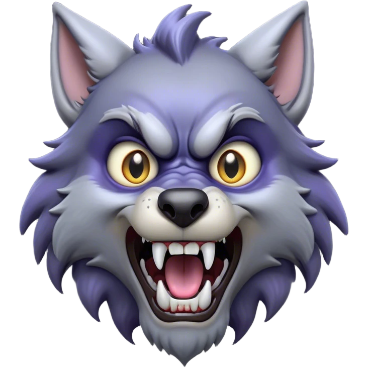 Cinematic Comical Werewolf Portrait Emoji, with a whimsically exaggerated lupine face in vivid moonlit grays and silvers, head cocked in a dramatically shocked expression with comically oversized, wide eyes and a playful snarl, simplified yet hilariously expressive, highly detailed with a soft cartoonish glowing outline capturing the mischievous humor of a werewolf mid-transformation! emoji