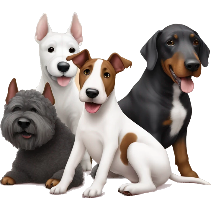 a english bull terrier, a fluffy poodle and a doberman chilling as friends cute emoji