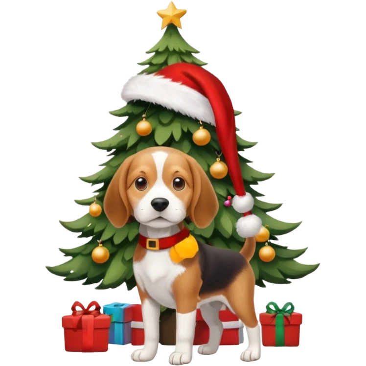 beagle wearing santa hat and standng by the xmas tree emoji