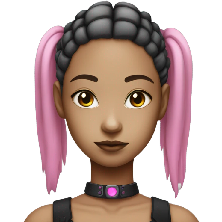 cyborg girl, pink twintails, cyberpunk, black collar, black crop top emoji
