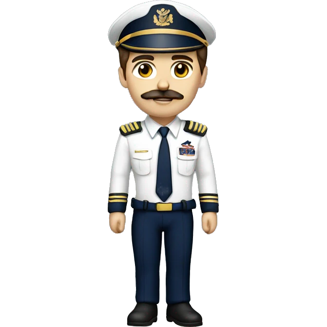 pilot with brown hair and mustache with navy and gold uniform emoji