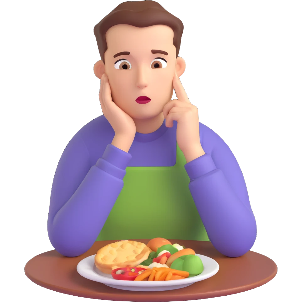 cartoon person with a food plate, hand on chin, pondering whether to eat, visible thought bubble, no background emoji