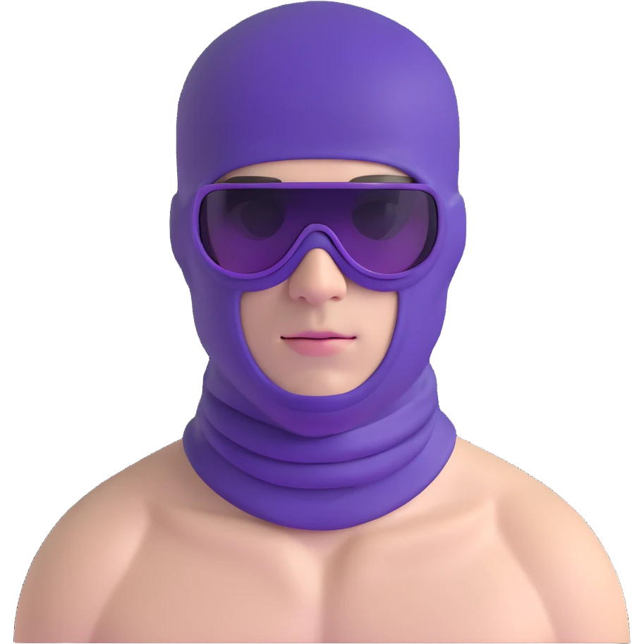 shirtless athletic man with white skin, wearing a purple balaclava face mask and purple sunglasses with black tinted lenses emoji