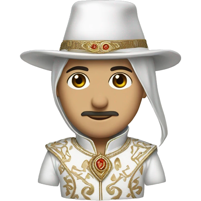 An emoji of a traditional Turkish circumcision outfit, featuring a white suit with decorative embroidery, a cape, and a matching hat adorned with feathers emoji