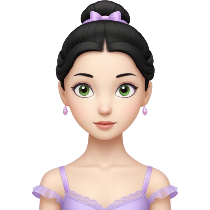 Cinematic Realistic ballerina Light Purple Portrait, depicted with lifelike skin texture, subtle rosy undertones, and soft natural lighting that enhances the gentle contours of her face. Her intricately detailed sweet black hair is elegantly styled, green eyes emoji