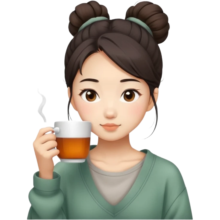 Asian girl with messy bun and comfy clothes drinking hot tea emoji