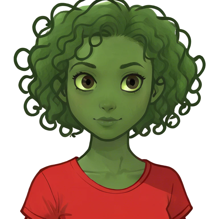 Girl with tan skin, 3b curly hair, and dark brown eyes. With a red shirt  emoji