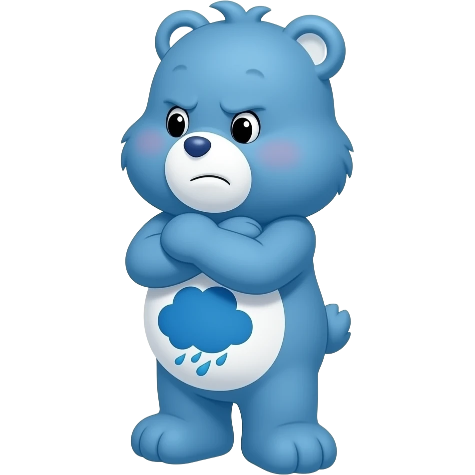 3D render iPhone emoji PNG of grumpy bear from Care Bears. Blue fur with white belly and a blue rain cloud in his stomach; crossing his arms and looking to the side emoji
