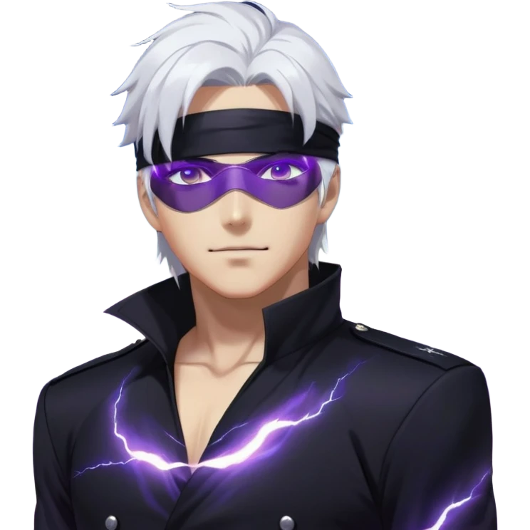 A tall, handsome anime man with white hair and a blindfold or dark sunglasses, wearing a sleek black uniform. He has a confident smirk and a mysterious aura. Glowing white energy swirls around him, representing "Infinity." His eyes, if visible, shine like the stars. The background is a stormy night with blue and purple lightning, symbolizing immense power and control over space and time. Epic anime art style. emoji