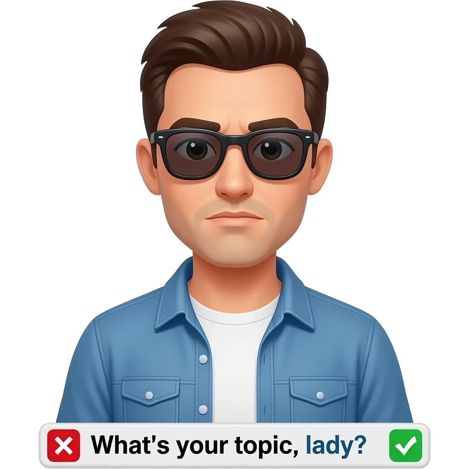 A informal man with sunglasses, glowing digital, symbols on the around, a left side Facebook logo, on the left shoulder, looking at viewer, a serious. Text on below banner: 'What's your topic, lady?' shimmering a red x cross and a green check icons emoji