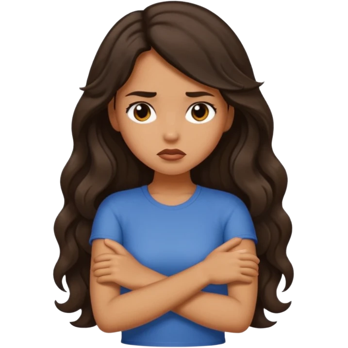 tan girl with dark, long, wavy hair crossing her arms and pouting emoji