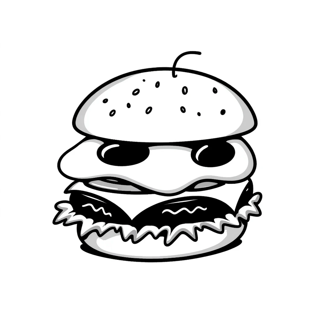 a detailed doodle of a hamburger with cheese, eggs, and lettuce emoji