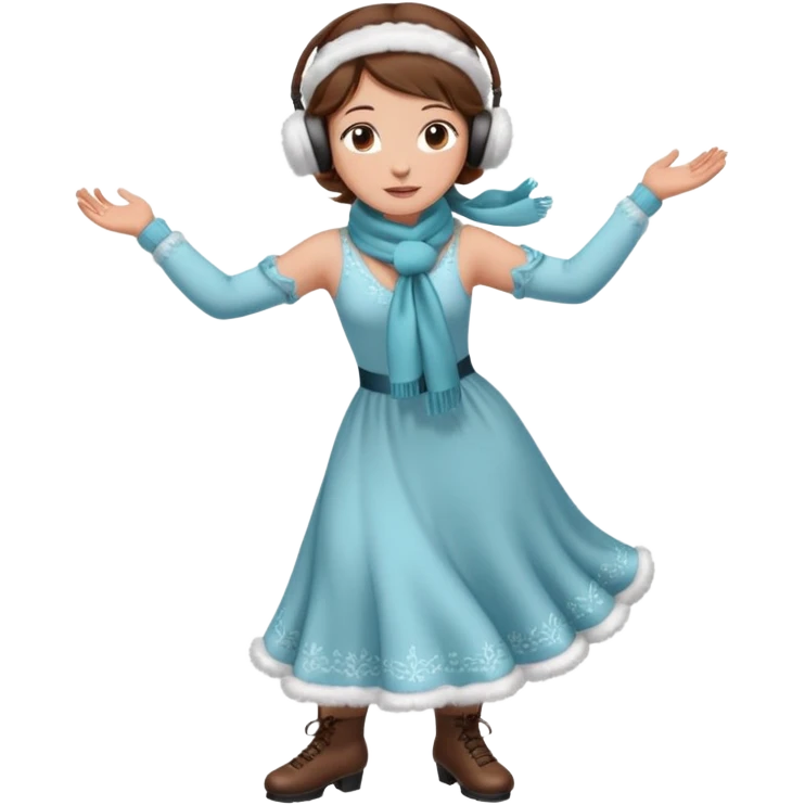 Victorian ice skater in a long dress. She is wearimg a scarf and earmuffs. She has boriwn hair. emoji