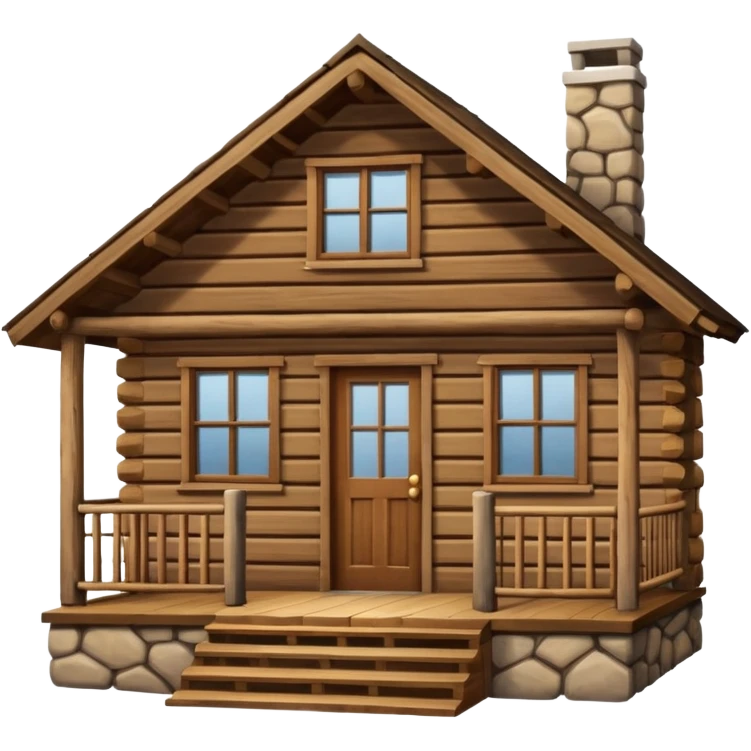 A rustic wooden cabin with horizontal log-style siding and a small front porch enclosed by crossed wooden railings. The cabin has a simple rectangular shape, a sloped roof, and warm brown wood tones throughout. emoji