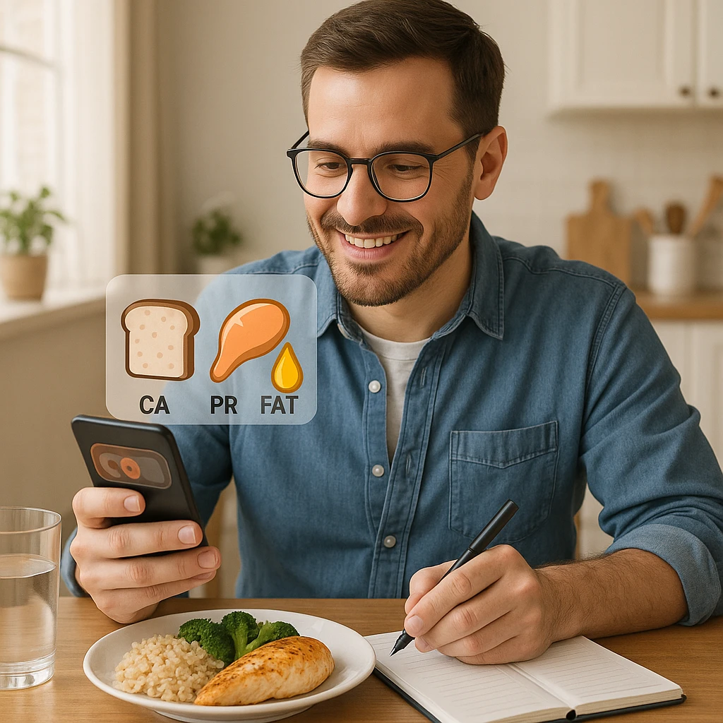 Add clear elements indicating the man is counting macronutrients: include icons or symbols of carbohydrates, proteins, and fats such as a slice of bread, a chicken breast, and a drop of oil near the food or on the smartphone/notebook screen. Maintain a realistic style and a positive atmosphere. emoji